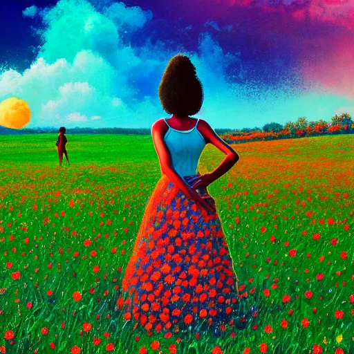 Image similar to afro made of colorful flowers, full body, girl standing in the middle of a field with flowers, surreal photography, hills, big trees, sunrise dramatic light, impressionist painting, colorful clouds, digital painting, pointillism, artstation, simon stalenhag