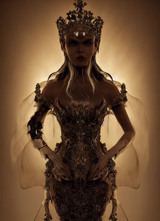 Image similar to hyper realistic photo of baroque dark luxury queen ethereal ghost full body, symmetric, rule of thirds, cinematic, artstation, cgsociety,