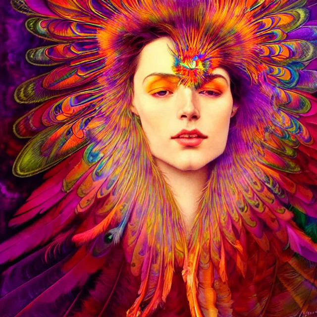 Prompt: face of innocent psychedelic transcendent feather mind bending psychedelic wings of glossy liquid honey flowing like kaleidoscopic translucent holograph, lsd feathers, feathery fluff, enlightenment, high contrast dappled lighting, refracted sunset, highly detailed, concept art, art by collier, albert aublet, krenz cushart, artem demura, alphonse mucha