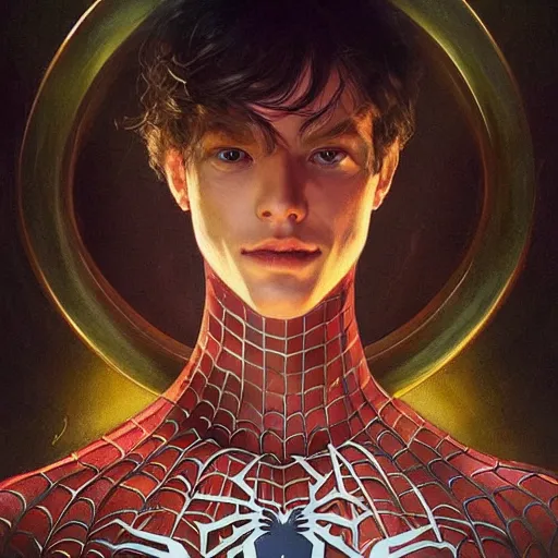 Image similar to Beautiful portrait of spiderman, wide angle, intricate, wild, highly detailed, digital painting, artstation, concept art, smooth, sharp focus, illustration, art by artgerm and greg rutkowski and alphonse mucha - W 768