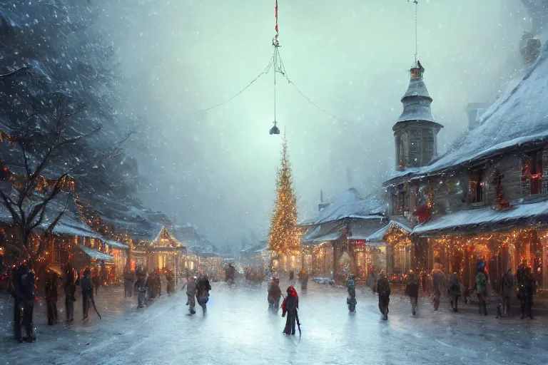 Image similar to a guillotine with christmas lights in the center of town, matte painting, concept art, digital art, trending on artstation, 4 k, extremely detailed, realistic, snowing, by greg rutkowski, cinematic, epic