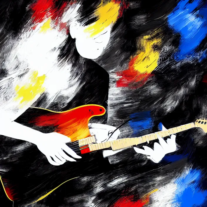 Image similar to large diagonal brush strokes, abstract dark painting of a young korean male musician wearing stylish black v neck t shirt holding a telecaster!!! electric guitar!!, thick flowing dramatic brush strokes, dark matte colors, abstract, impressionist, motion, trending on artstation