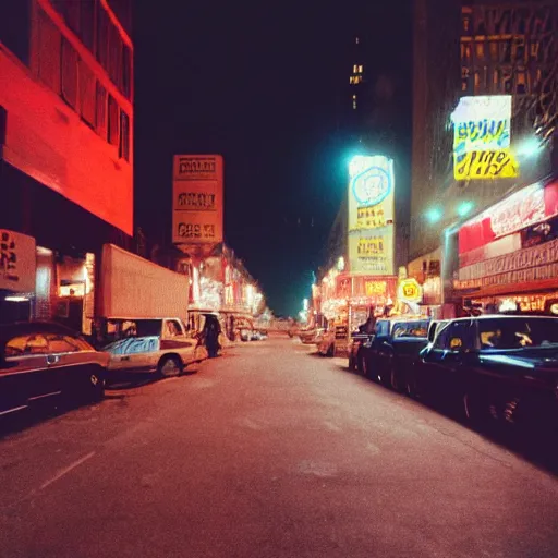 Image similar to an eerie photo of an a city of contradictions from the 1 9 9 0 s at night, disposable film