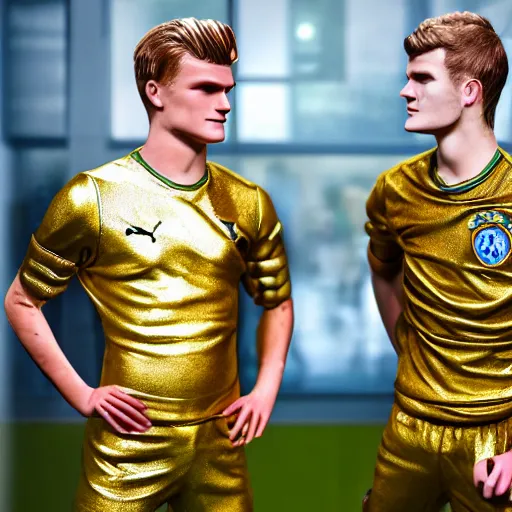 Image similar to a realistic detailed photo of a guy who is an attractive humanoid who is half robot and half humanoid, who is a male android, soccer players martin ødegaard & timo werner, shiny skin, posing like a statue, blank stare, in a factory, on display, showing off his muscles, gold soccer shorts, side view, looking at each other mindlessly