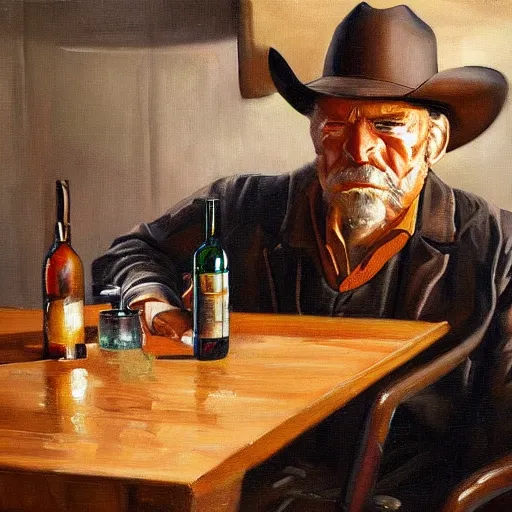Image similar to modern oil painting portrait of old wrinkled gunslinger at table with bottle in western saloon, masterpiece, realistic and detailed, artstation, interesting lightning