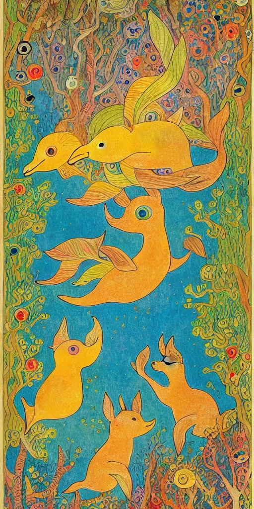 Image similar to tiny golden deer glowing eyes and sun ray mane and singing dolphins, children's book illustration, traditional folk art style, gouache on paper, outsider art, David Palladini, Hisako Aoki, tarot card, Henry Darger, Louis Wain