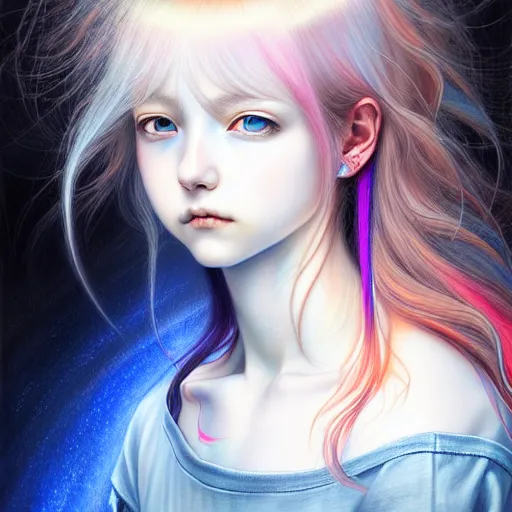 Image similar to a portrait of girl with rainbow hair white shirt, denim shorts, an ultrafine detailed painting by ayami kojima, cgsociety, fantasy, anime digital art, lovecraftian, cosmic horror, detailed painting