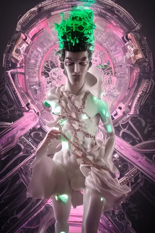 Image similar to full-body rococo and cyberpunk style porcelain sculpture of a young handsome seductive Peruvian android prince reaching for the sky, glowing pink laser eyes, crown of white gears and diamonds, swirling green-colored silk fabric. futuristic elements. full-length view. intricate artwork by caravaggio. Trending on artstation, octane render, cinematic lighting from the right, hyper realism, octane render, 8k, depth of field, 3D