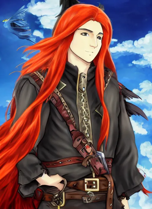 Prompt: An epic fantasy pokemon anime style portrait of a long haired, red headed male sky-pirate in front of an airship