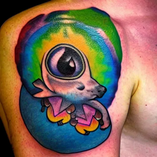 Image similar to shoulder tattoo of a multicolored hallucinating cute bush baby, eyes are rainbow spirals, meditative, surrounded with colorful magic mushrooms and rainbowcolored marihuana leaves, insanely integrate