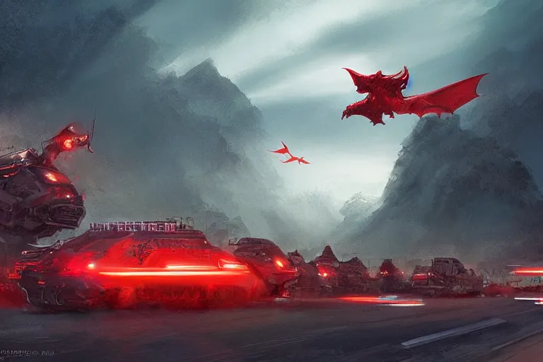 Image similar to a convoy of programmers are marching to chinese palace, big red dragon flying above them, dark atmosphere, light above palace, digital art, trending on artstation