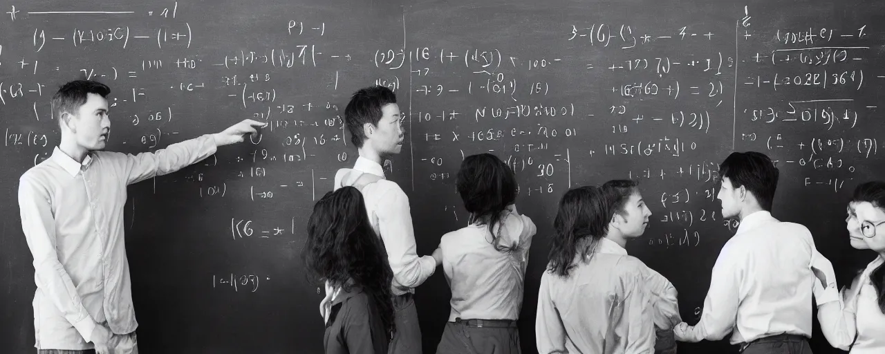 Image similar to mathematicians standing around a chalkboard solving an equation about spaghetti, detailed facial expression, canon 5 0 mm, cinematic lighting, photography, retro, film, kodachrome