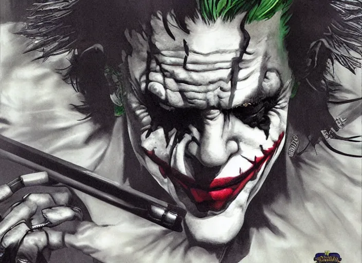 Image similar to a highly detailed beautiful portrait of the joker playing pool by yoji shinkawa