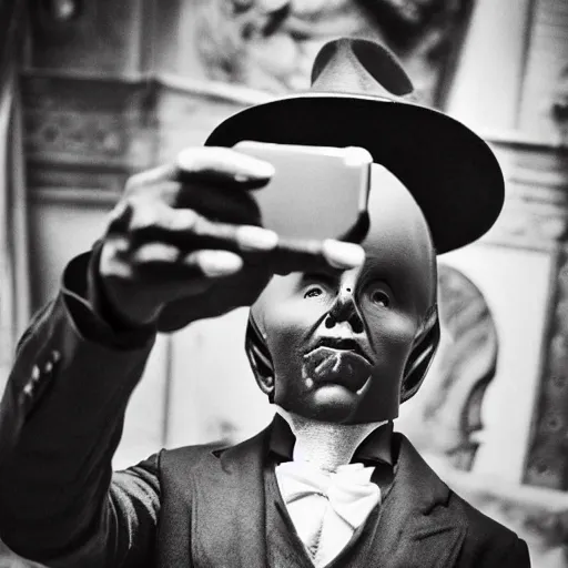 Image similar to the elephant man using an iphone to take a selfie