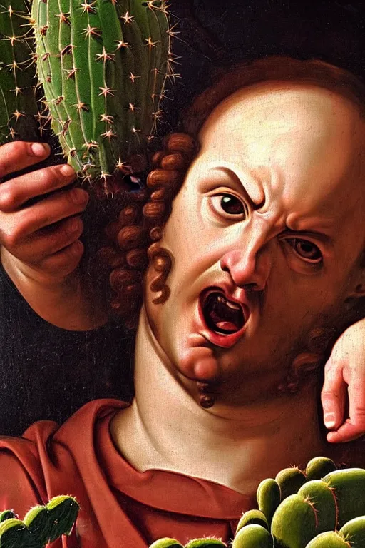 Prompt: renaissance painting of evil men, portrait, angry face closeup, emotions closeup, dressed in spartan armour, the beautiful garden with cactus bush everywhere, ultra detailed, art by guido reni style, vincenzo catena style