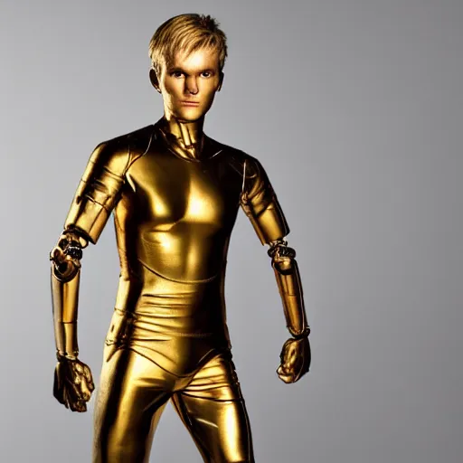 Image similar to a realistic detailed photo of a guy who is an attractive humanoid who is half robot and half humanoid, who is a male android, soccer player martin ødegaard, shiny skin, posing like a statue, blank stare, in a living room, on display, showing off his muscles, gold soccer shorts