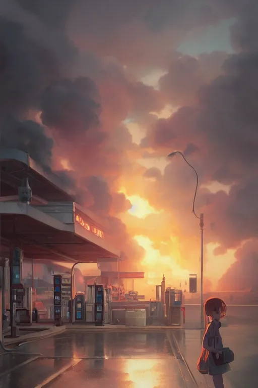 Image similar to a highly detailed matte painting of a girl watching gas station fire by studio ghibli, makoto shinkai, by artgerm, by wlop, by greg rutkowski, volumetric lighting, octane render, 4 k resolution, trending on artstation, masterpiece