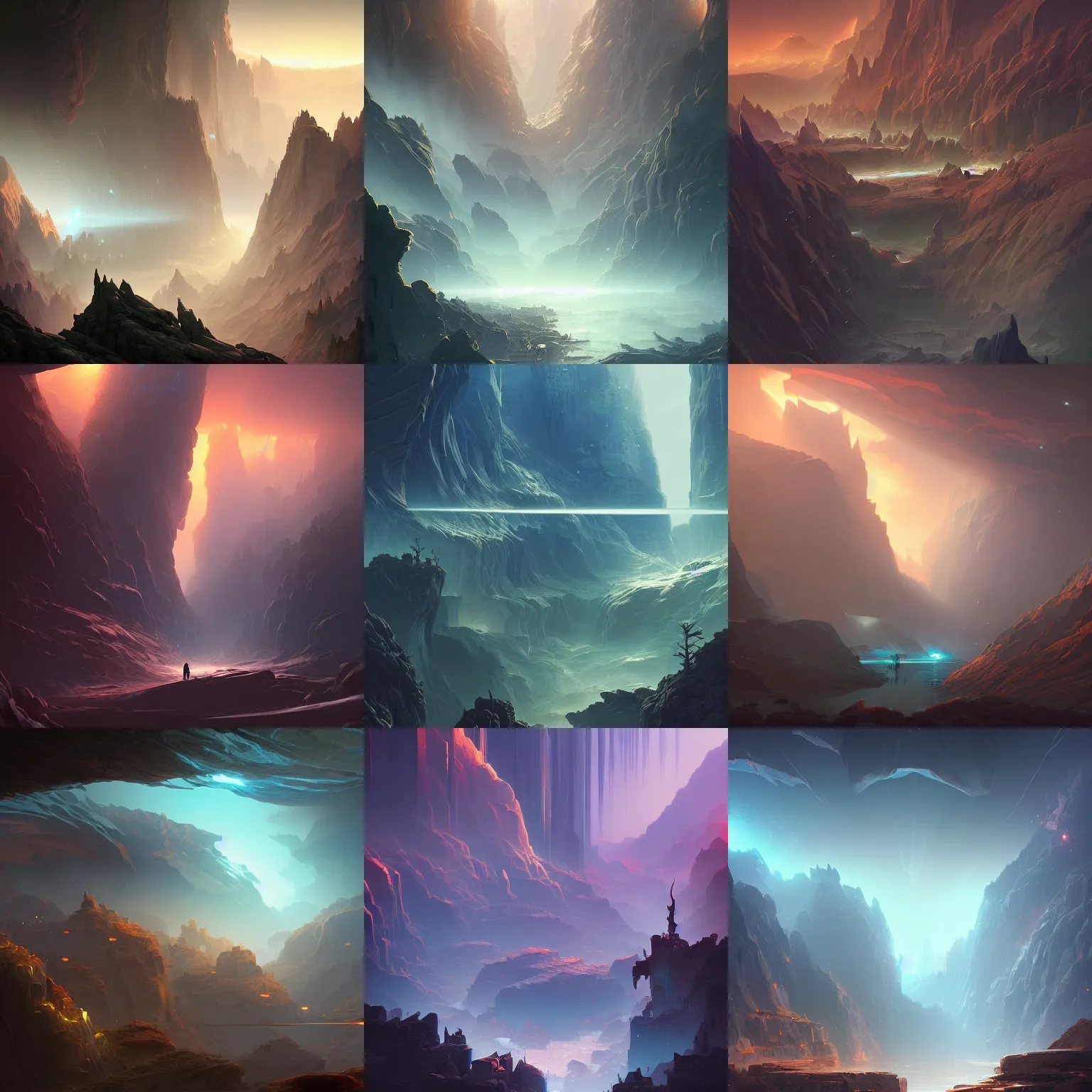 Prompt: canyon sliced in shapes, storm of stars, water evaporating, by peter mohrbacher dan mumford craig mullins nekro, cgsociety, pixiv, volumetric light, 3 d render