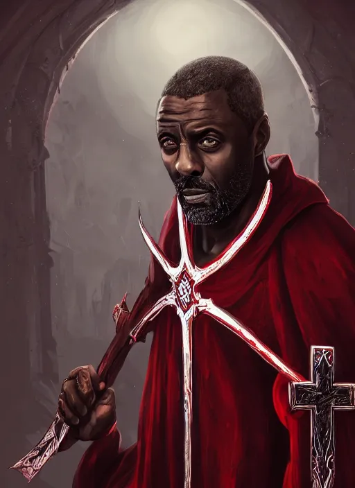 Prompt: a highly detailed illustration of idris elba as a sadistic sharp white haired priest wearing red and white robe, dramatic smiling wielding bloody cross pose, gothic church background, intricate, elegant, highly detailed, centered, digital painting, artstation, concept art, smooth, sharp focus, league of legends concept art, wlop