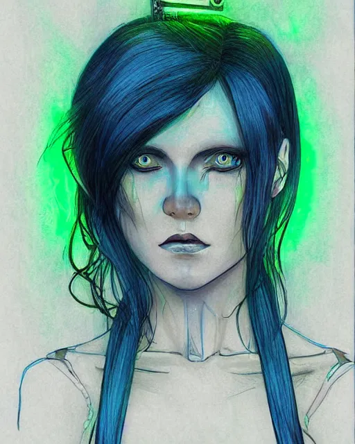 Image similar to blue hair cyborg girl with pale skin in a gloomy hotel room with green neon lights. portrait drawing by enki bilal. art nouveau, neo - gothic, gothic, rich deep moody colors