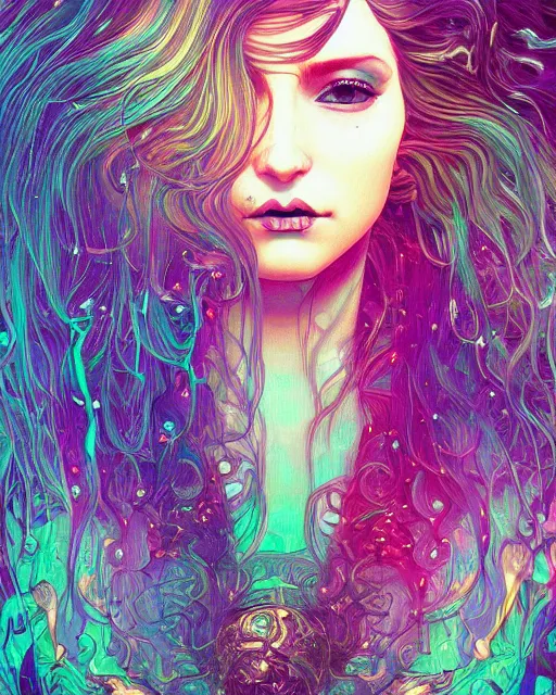 Image similar to glitch art close up portrait vampire, flowing hair, glitches, vaporwave, highly detailed, very intricate, graphical errors, art deco, neon glitch, chromatic aberration, harsh lighting, award - winning, unreal engine 5, illustration by mandy jurgens and alphonse mucha and alena aenami, glitch color palette, featured on artstation