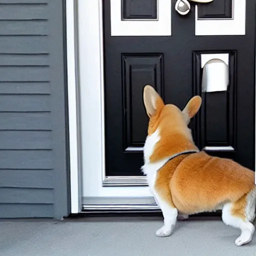 Prompt: front door security camera footage of a corgi mistaken as a delivery package