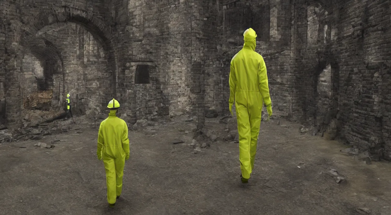 Prompt: a single man in hi viz hazmat suit wanders around a crumbling victorian london sewer, stunning render, high octane, 3 d, cinematic lighting