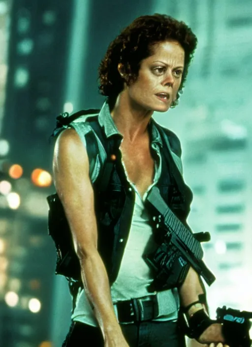 Image similar to film still of Sigourney Weaver as John McClane in Die Hard, 4k