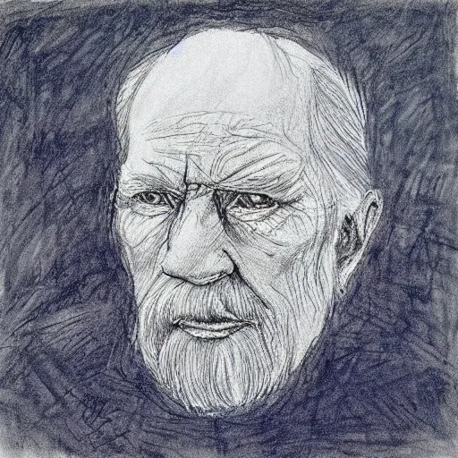 Prompt: “portrait of an old man drawn with a blue ballpoint on white paper