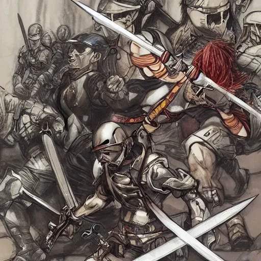 Image similar to one hero with sword vs army of swordsmen in the background, in the middle of an arena, crowd of people, pencil art, straight, clear, added detail, high definiton, colored, backfacing, by yoji shinkawa