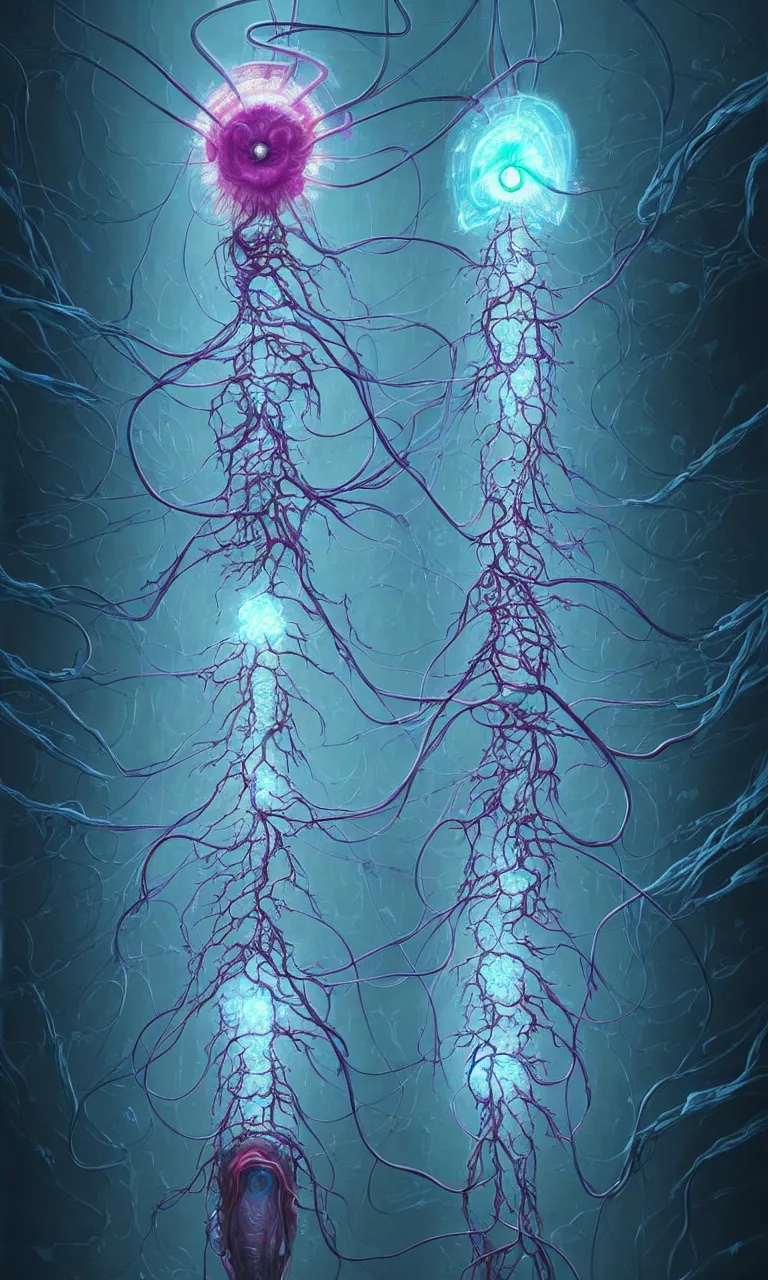 Prompt: internal lymphocyte virion rawandrendered synaptic fractality transmission embryonic umbilical child figure glial neurons cyberpunk nerve cells microscopic hyphae by wojtekfus facey rossdraws. neuronal iridescent megacity neuron synapse by beksinski. # imaginativerealism