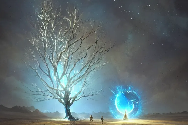 Image similar to the world tree glowing blue in a large desert at night, highly detailed, digital painting, artstation, concept art, smooth, sharp focus, illustration, art by artgerm and greg rutkowski and alphonse mucha