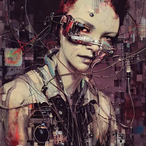 Prompt: cyberpunk portrait, wires, machines, in the style of adrian ghenie, esao andrews, jenny saville,, surrealism, dark art by james jean, takato yamamoto