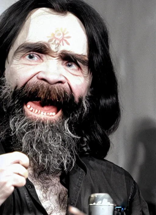 Prompt: charles manson hosting the muppet show