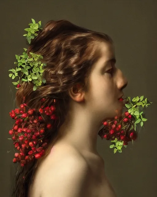 Image similar to a woman's face in profile, long hair made of flowers and vines and fruit, in the style of the Dutch masters and Gregory Crewdson, dark and moody