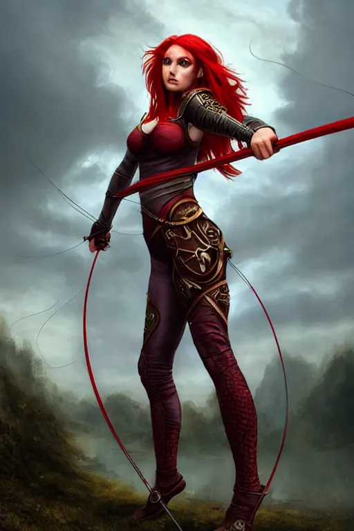 Prompt: Female archer, dnd, d&d, leggins, red skintight leather armor, red hair, Low-Angle, visible face!, beautiful face!, alluring, toned derriere, high fantasy, realistic!, matte painting, by wlop, by tomasz alen kopera