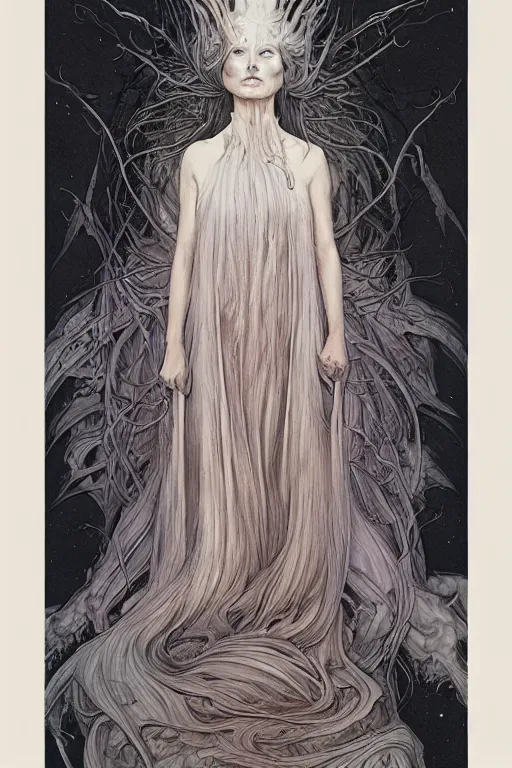 Image similar to the white lady in a dress with long hairs, art by James Jean and Wayne Barlowe, high detail, cinematic, cgsociety 8k