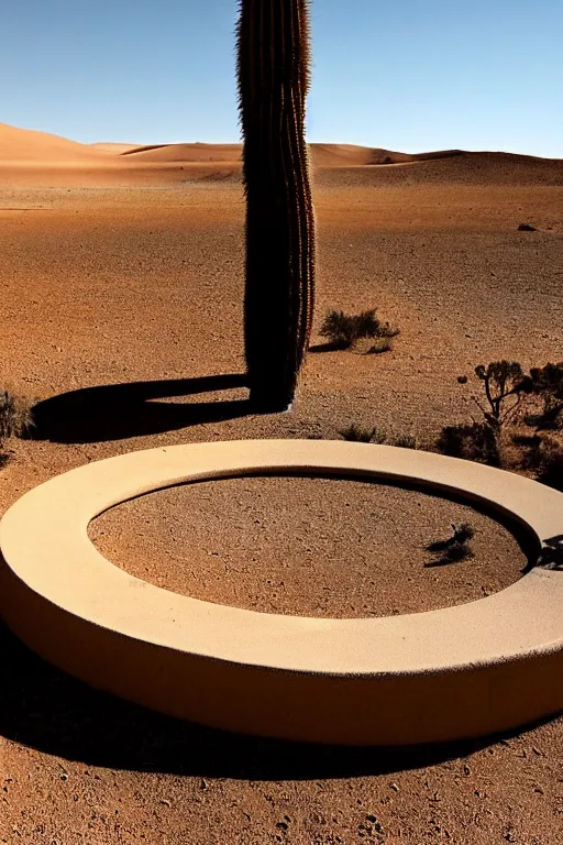 Prompt: a circular time portal in the desert through which an ancient jungle is visible