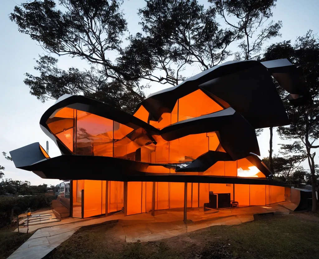 Image similar to photo of the exterior of a futuristic organic japanese house, dramatic lighting, black and orange colour palette, wide angle shot, archviz