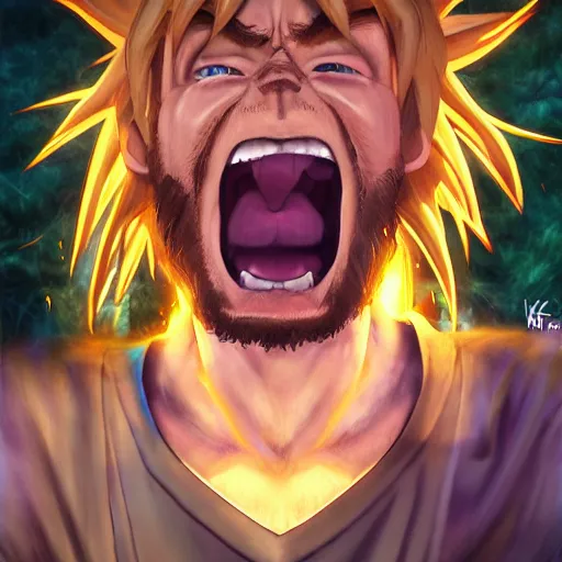 Image similar to shaggy from scooby doo going super sayain, au naturel, hyper detailed, digital art, trending in artstation, cinematic lighting, studio quality, smooth render, unreal engine 5 rendered, octane rendered, art style by klimt and nixeu and ian sprigger and wlop and krenz cushart