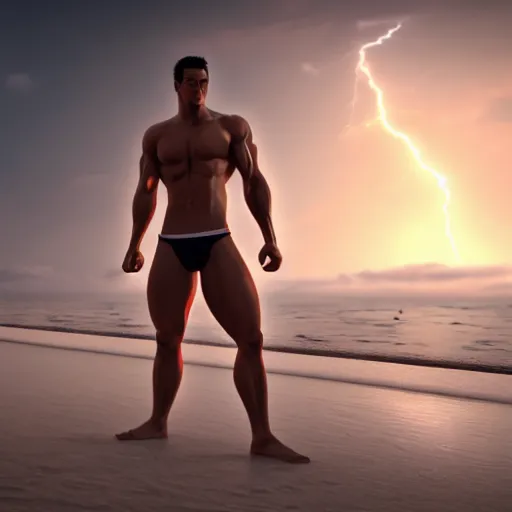 Image similar to Muscular Handsome Anime man on the beach in his boxers, cinematic lightning, medium shot, mid-shot, highly detailed, trending on artstation, Unreal Engine 4k,