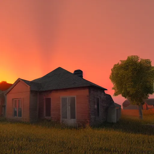 Image similar to Old breaking houses, orange dawn, vaponpunk, sunset, 8k, soft light, ray tracing, wet ground