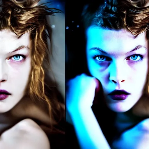 Image similar to Young Milla Jovovich as a snow goddess covered in snow, grungy, unkept hair, glowing eyes, winter, modelsociety, radiant skin, huge anime eyes, RTX on, bright on black, dramatic, studio lighting, perfect face, intricate, Sony a7R IV, symmetric balance, polarizing filter, Photolab, Lightroom, 4K, Dolby Vision, Photography Award