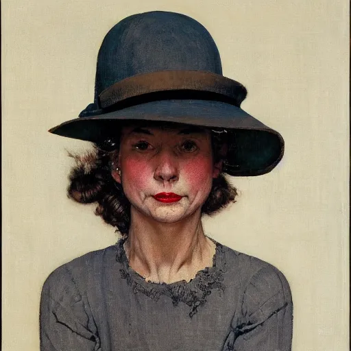 Prompt: frontal portrait of a woman with a hat that covers her eyes, by norman rockwell