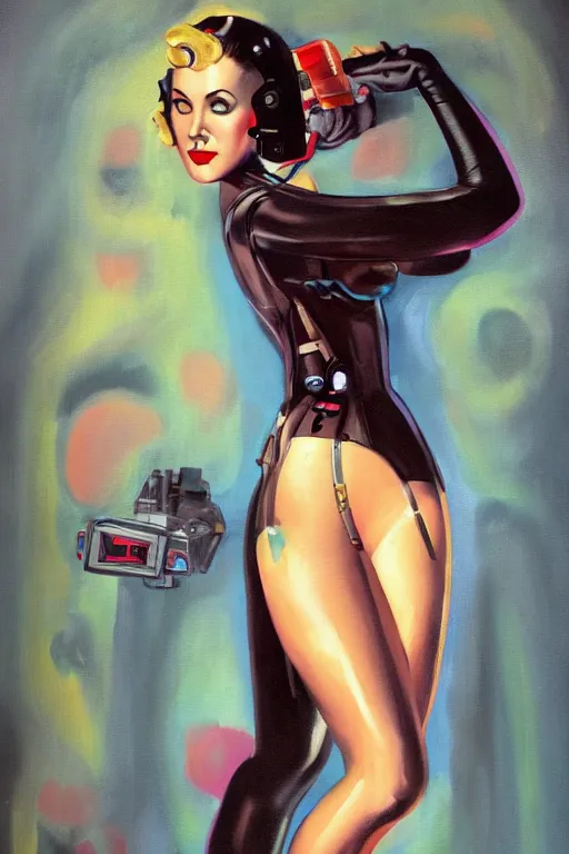 Prompt: full body cyberpunk beautiful woman, in the style of a 1 9 4 0 s oil painted pin - up,