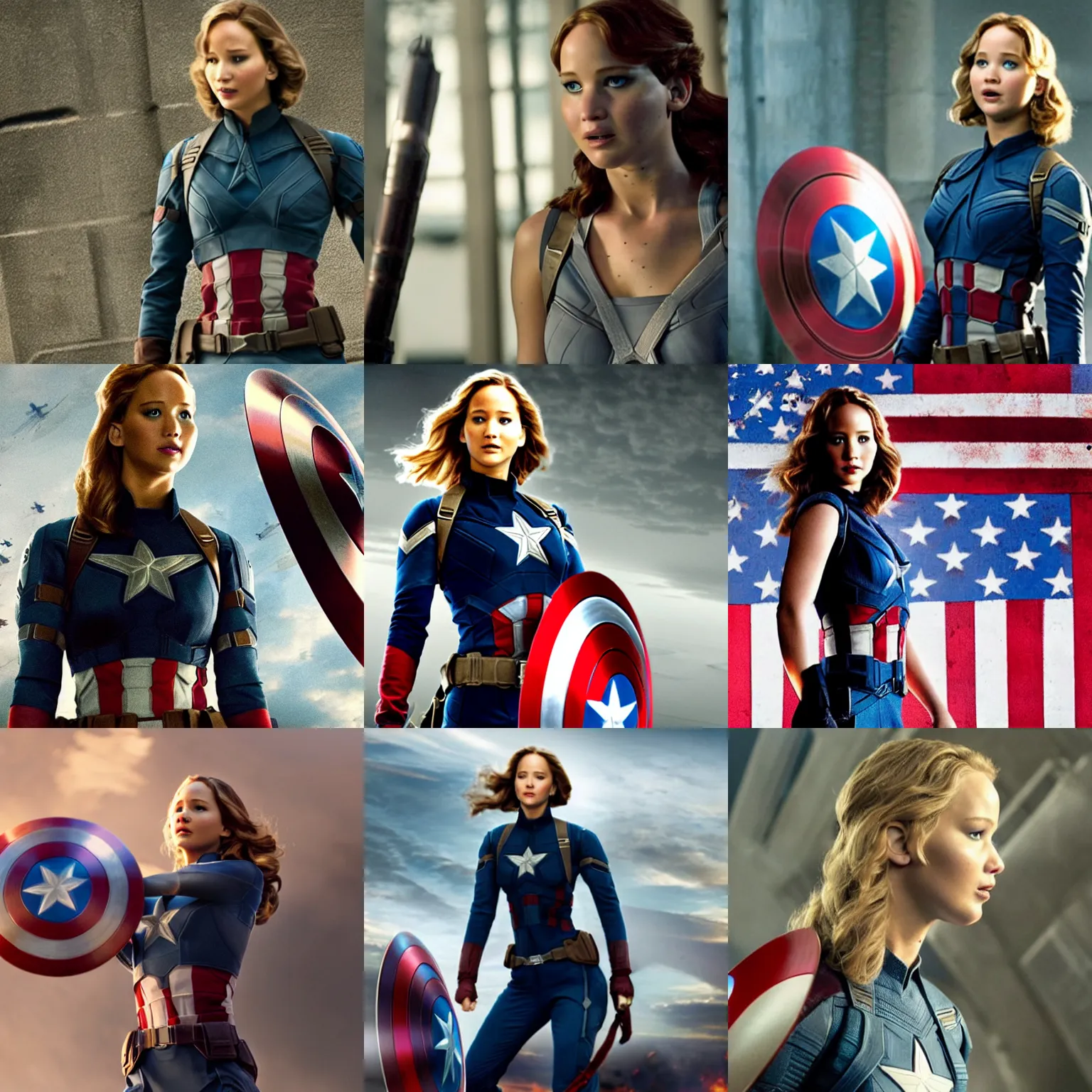Prompt: Jennifer Lawrence as Captain America, film still from the movie 'Captain America: The First Avenger'