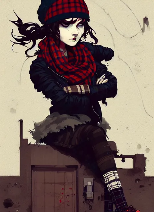 Image similar to highly detailed portrait of a sewer ( ( emo punk ) ) lady student, beanie, tartan scarf, curly hair by atey ghailan, by greg rutkowski, by greg tocchini, by james gilleard, by joe fenton, by kaethe butcher, gradient red, black, brown and cream color scheme, grunge aesthetic!!! graffiti tag wall background