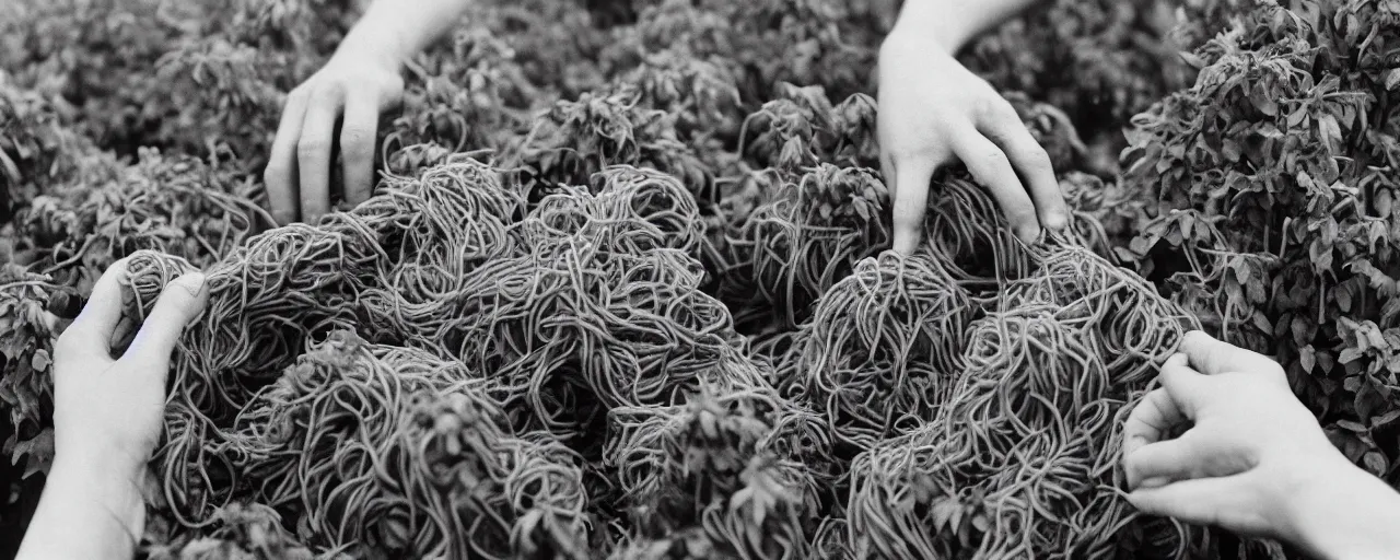 Image similar to medium shot of hands harvesting spaghetti that's growing on a plant, on a farm, canon 5 0 mm, cinematic lighting, photography, retro, film, kodachrome