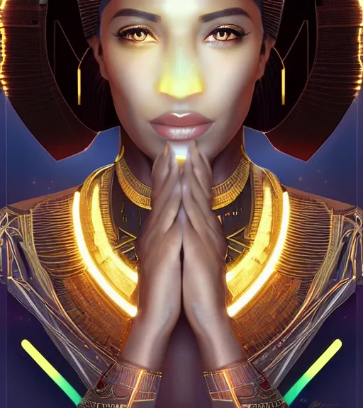 Image similar to symmetry!! egyptian princess of technology, solid cube of light, hard edges, product render retro - futuristic poster scifi, lasers and neon circuits, beautiful brown skin woman egyptian princess, intricate, elegant, highly detailed, digital painting, artstation, concept art, smooth, sharp focus, illustration, dreamlike, art by artgerm