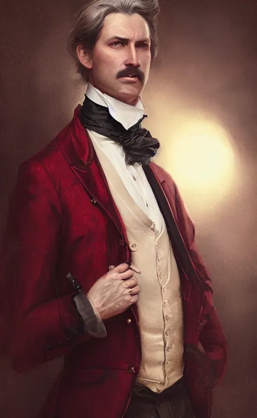 Image similar to portrait of a middle aged victorian aristocrat, dark red waistcoat, male, detailed face, victorian, highly detailed, cinematic lighting, digital art painting by greg rutkowski